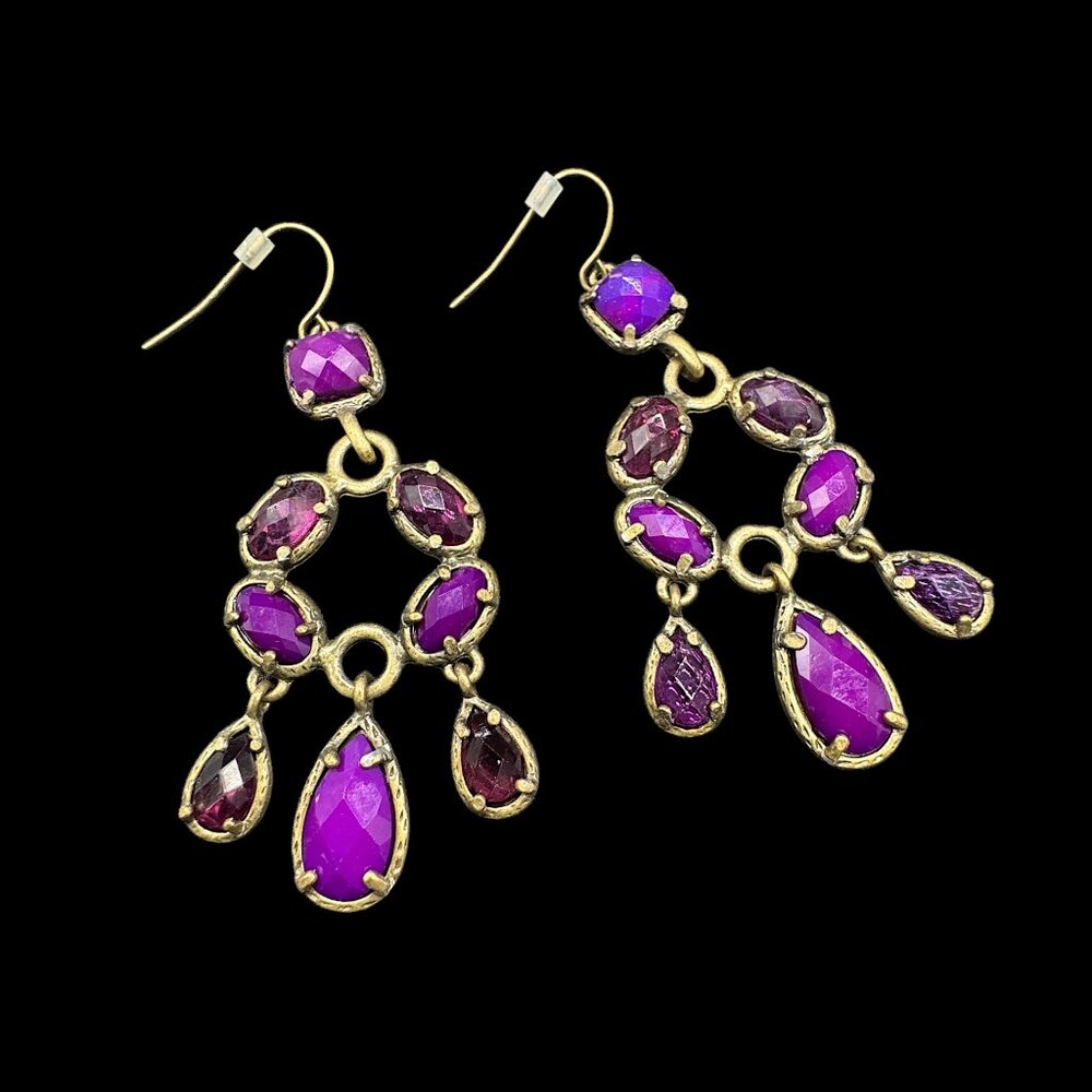Statement Pierced Earrings Gold Tone and Purple Stones Prom Dangling